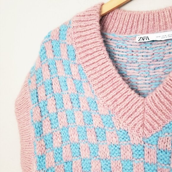 Zara Pink Blue Wool Blend Knit Vest V-neckline Checkerboard S Preppy Classic - Picture 10 of 15
